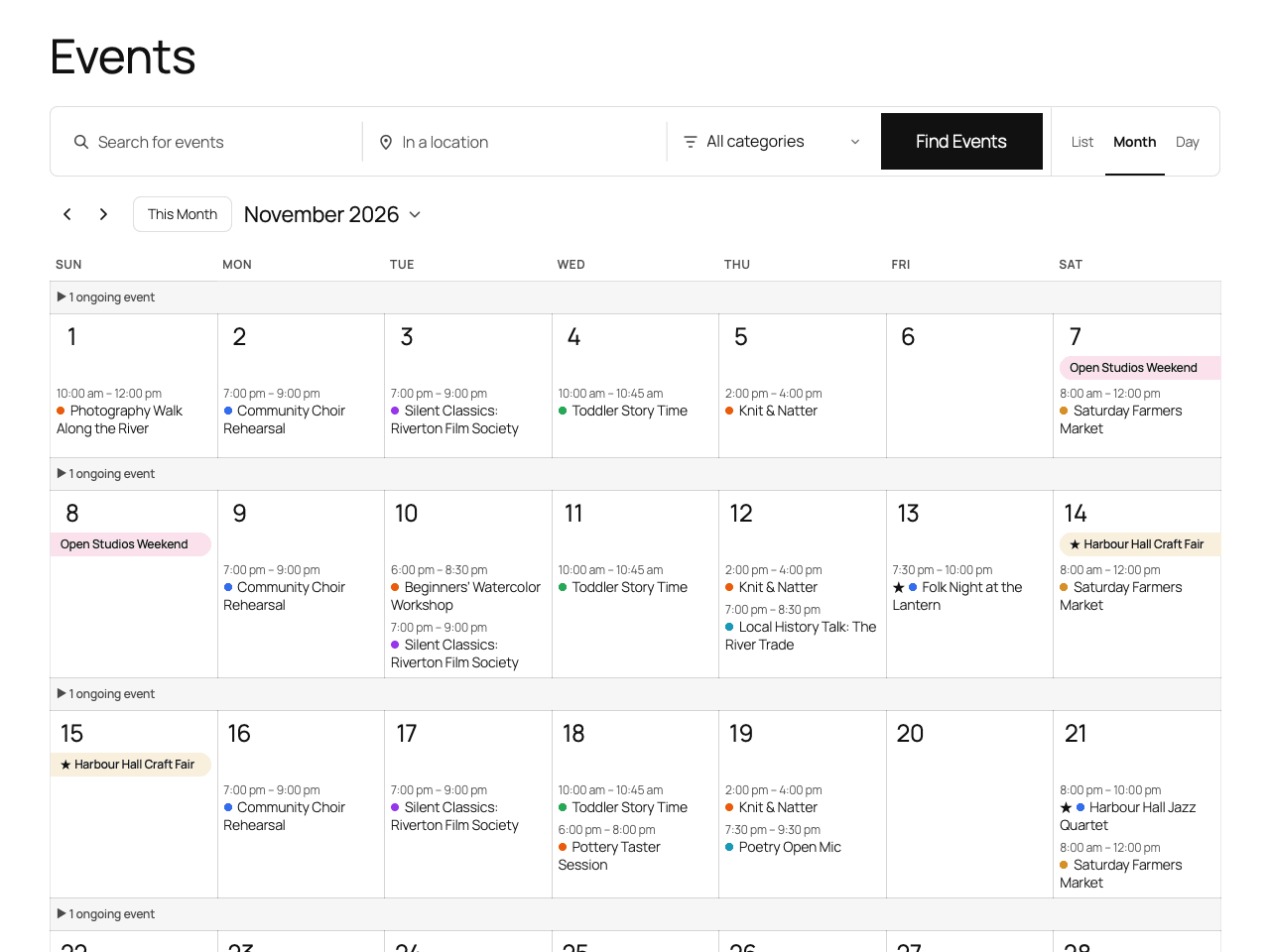 Calendar² month view: multi-day events as bars, a colour dot per category and featured events starred.