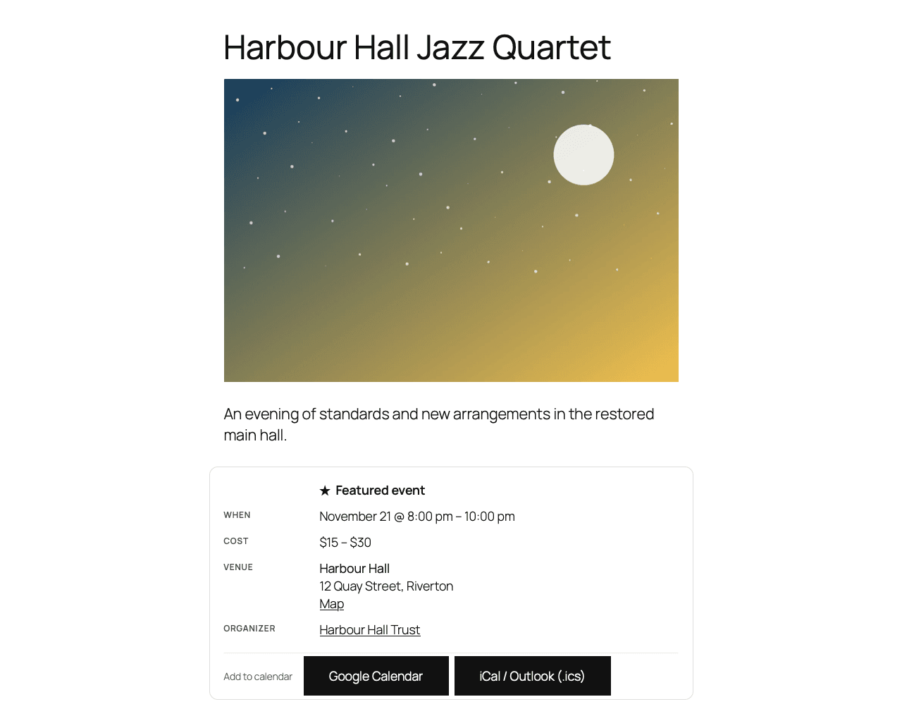 A single event: date and time, cost, venue with a map link, organiser and add to calendar.