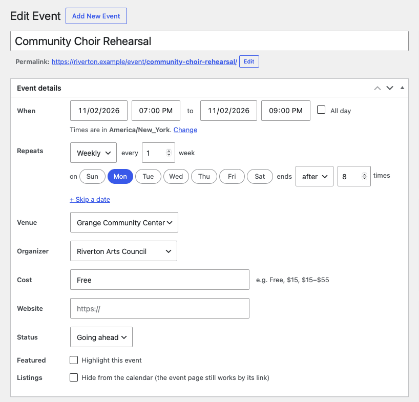 The event editor: plain date and time fields, and the repeat rule in one row.