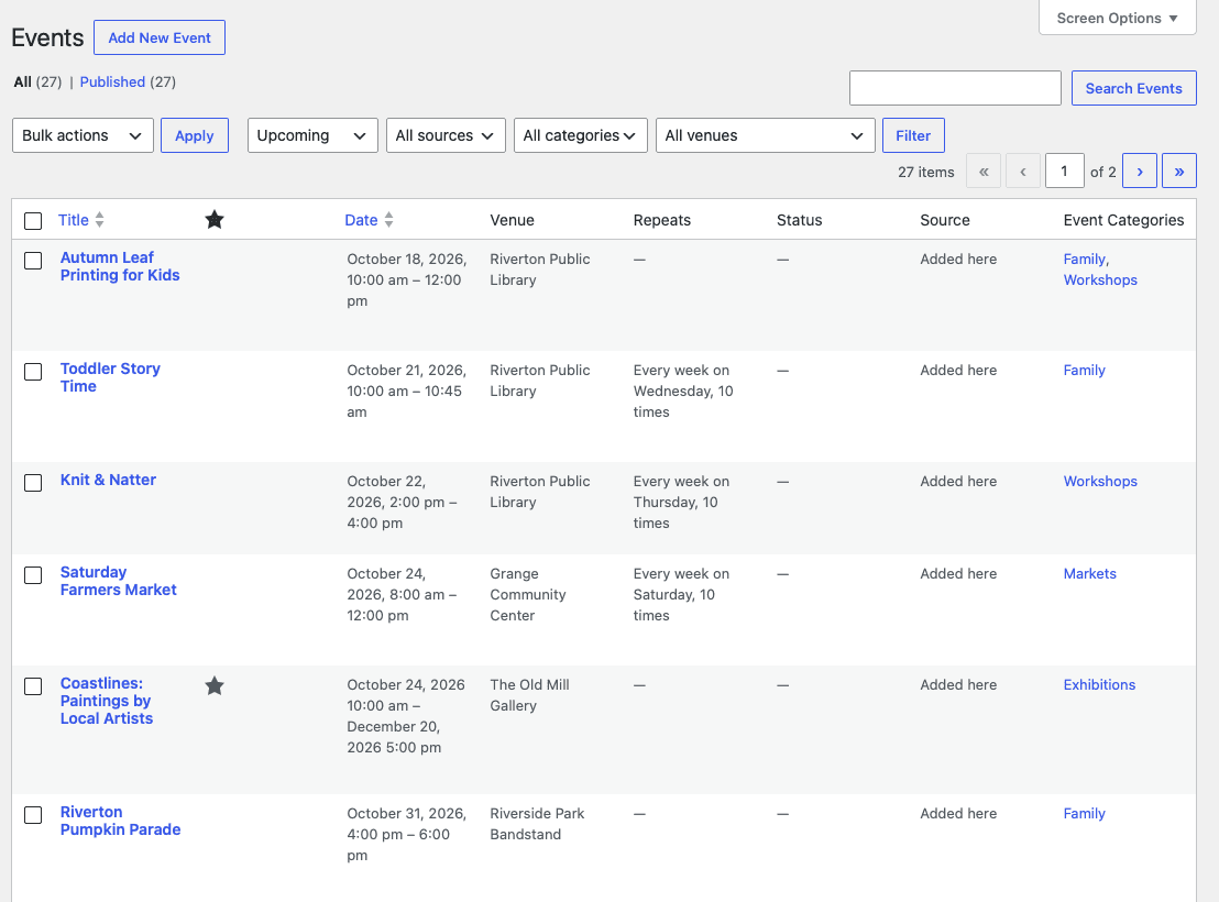 The admin events list: upcoming first, with filters, venues and repeat rules at a glance.